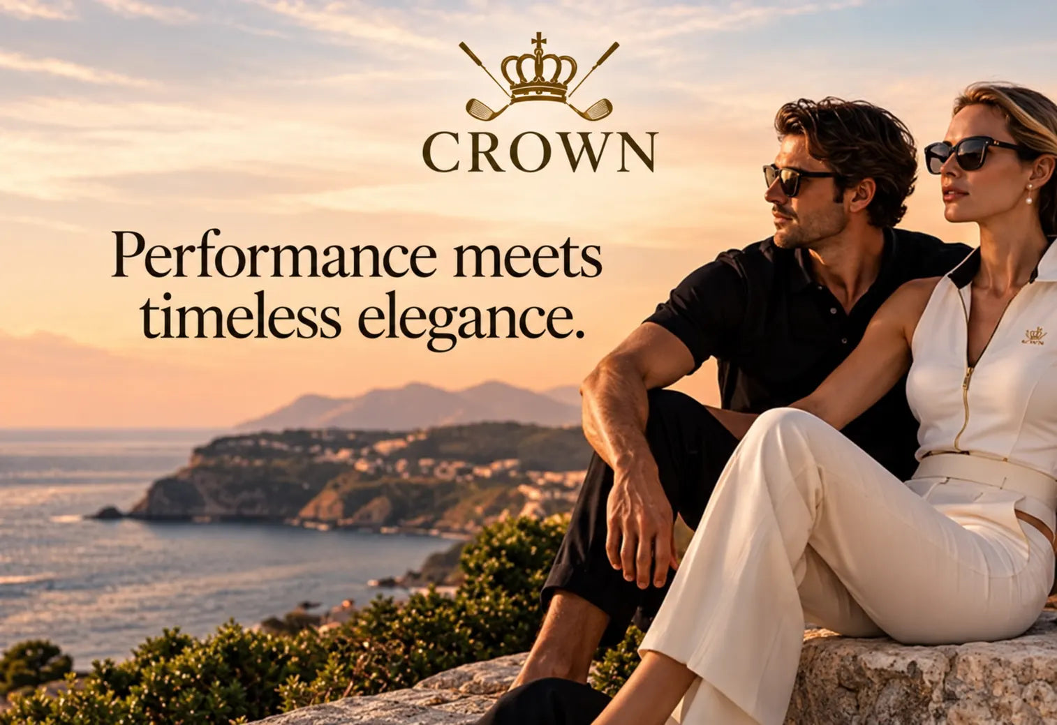 CROWN: Performance meets timeless elegance. Coppia sulla costa al tramonto.