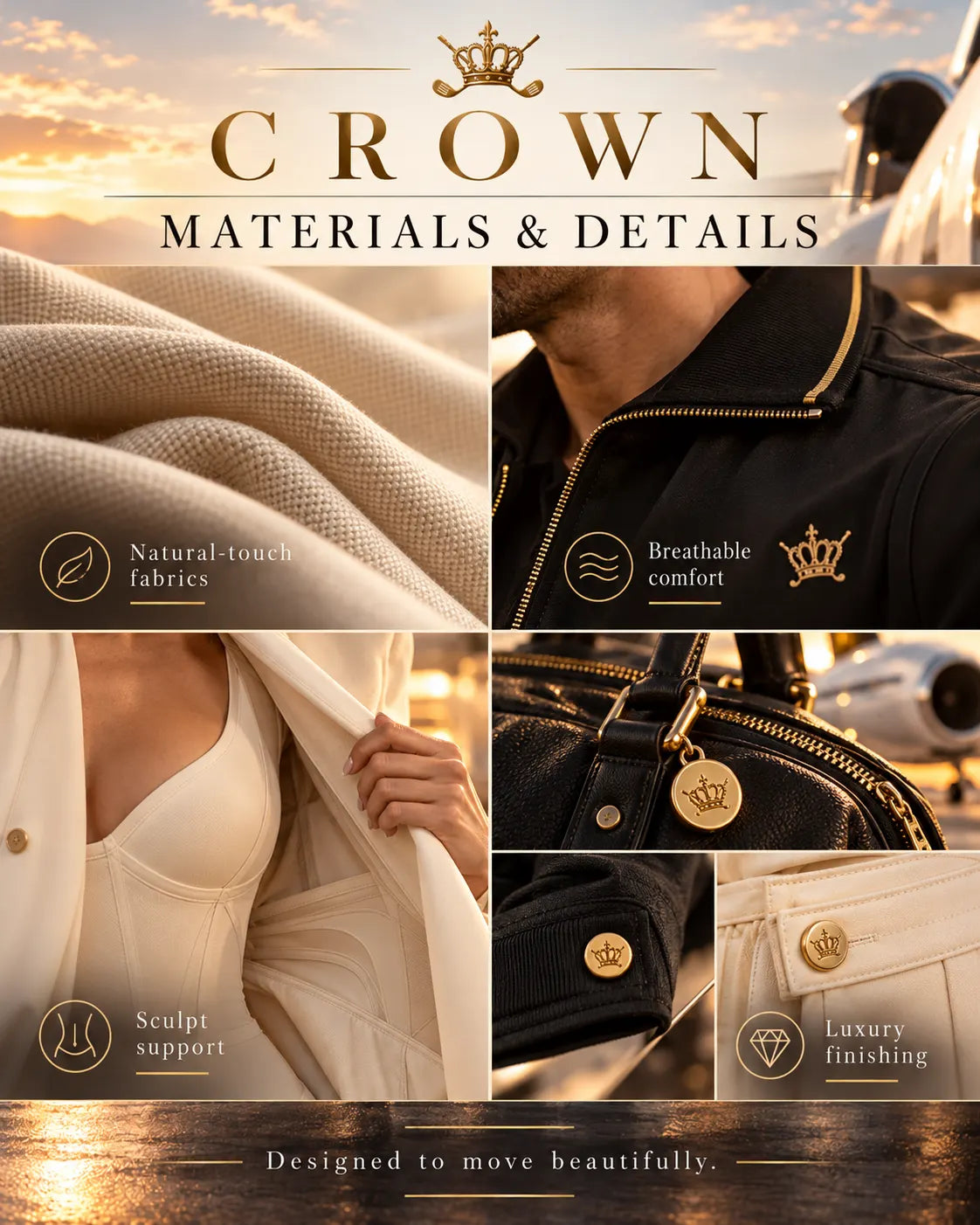 CROWN Materials & Details: texture avorio, collo con zip oro, dettagli Sculpt e accessori con corona.