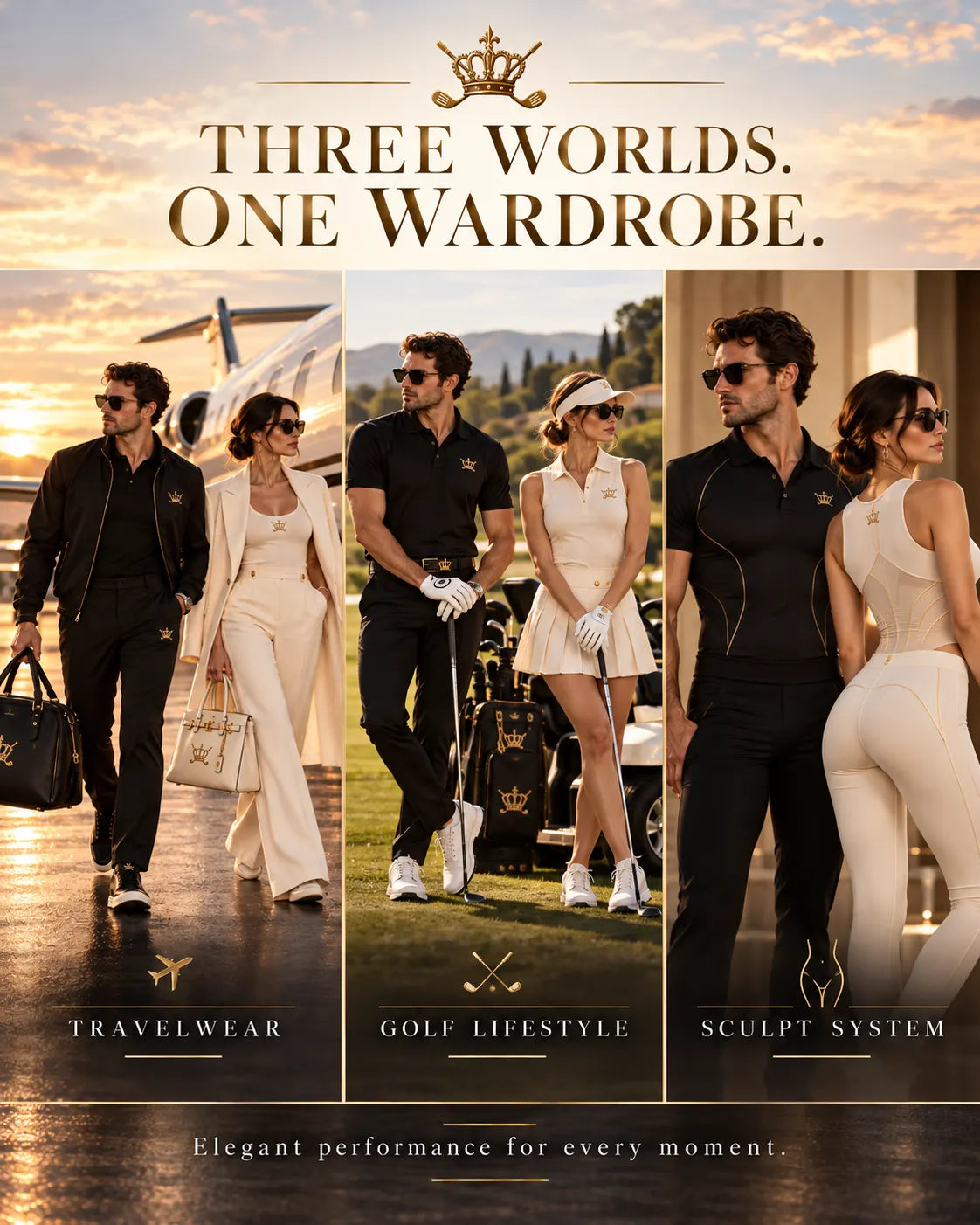 CROWN — Three worlds, one wardrobe. Travelwear, Golf Lifestyle, Sculpt System.