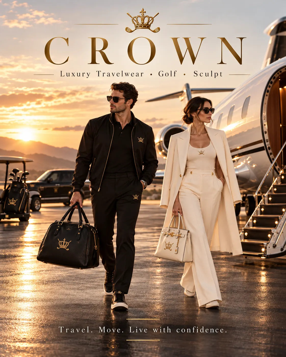 Campagna CROWN Luxury Travelwear, Golf e Sculpt: due modelli davanti a un jet al tramonto